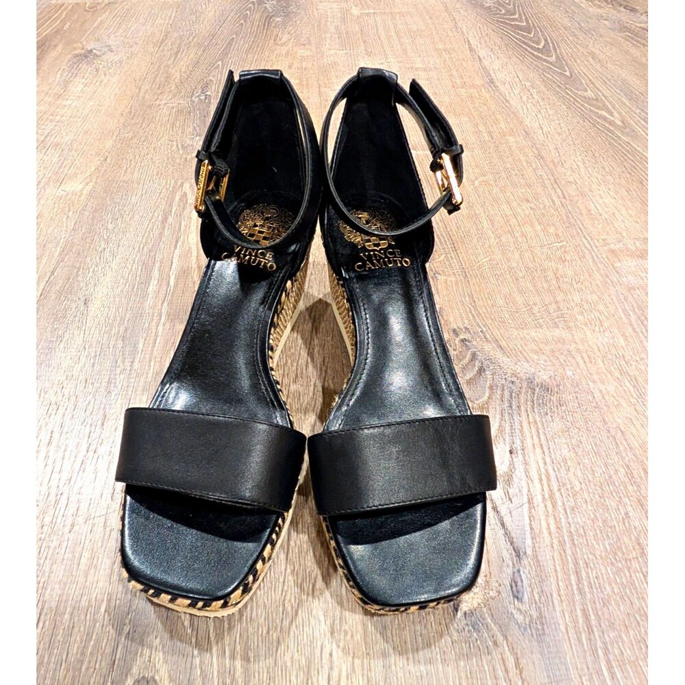 Vince Camuto Jefannah Black Leather Espadrille Wedge Sandals Women's Size 6.5M